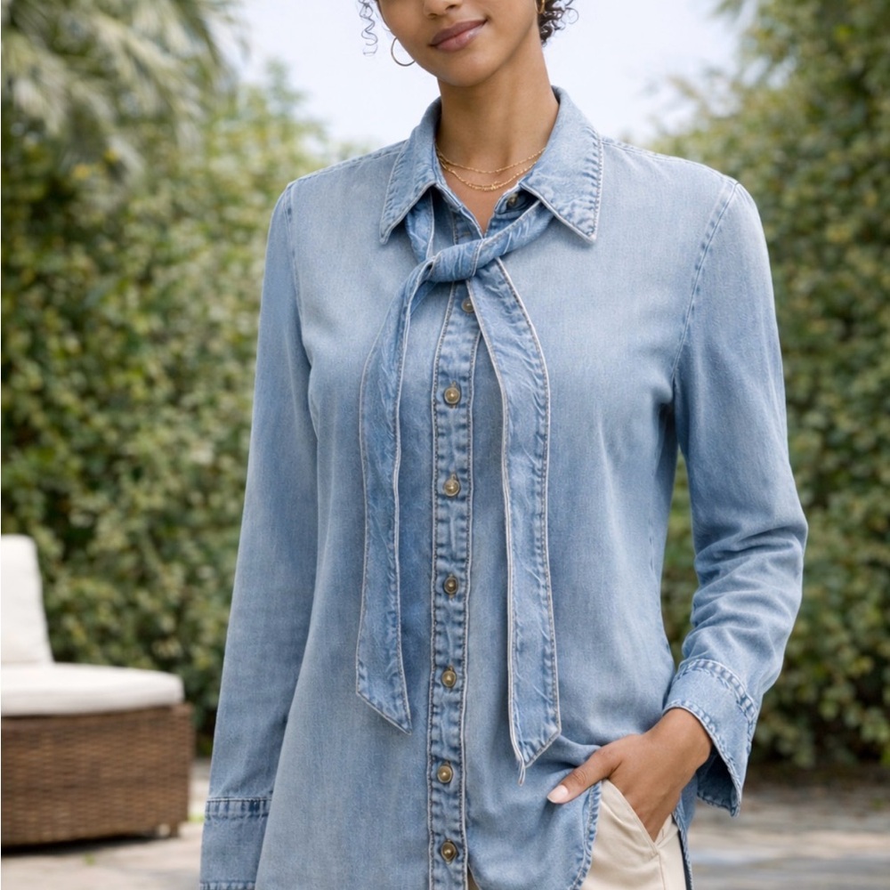 Denim Blue Button Down Shirt with Tie Detail